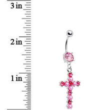 Load image into Gallery viewer, Pink Gem Faux Pearl Cross Belly Ring
