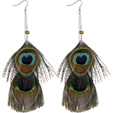 Load image into Gallery viewer, Gold Tone Chain Drop Peacock Feather Earrings
