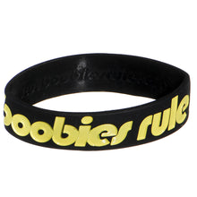 Load image into Gallery viewer, Black Yellow Boobies Rule Awareness for Breast Cancer Bracelet
