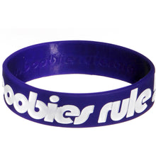 Load image into Gallery viewer, Dark Purple White Black Boobies Rule Awareness for Breast Cancer Bracelet

