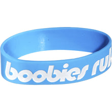 Load image into Gallery viewer, Aqua Blue White Boobies Rule Awareness for Breast Cancer Bracelet
