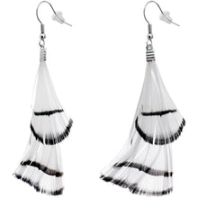 Load image into Gallery viewer, White with Black Stripe Feather Drop Earrings
