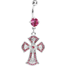 Load image into Gallery viewer, Pink Striking Jeweled Cross Belly Ring

