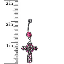 Load image into Gallery viewer, Rose Flower Gem Midnight Halo Cross Dangle Belly Ring
