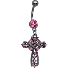 Load image into Gallery viewer, Rose Flower Gem Midnight Halo Cross Dangle Belly Ring
