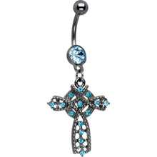 Load image into Gallery viewer, Azure Gem Midnight Halo Cross Dangle Belly Ring
