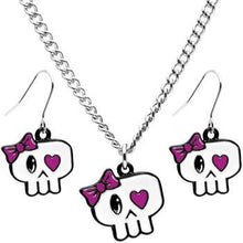 Load image into Gallery viewer, Heart Eyed Bow Skull Earring and Necklace Set
