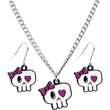 Load image into Gallery viewer, Heart Eyed Bow Skull Earring and Necklace Set
