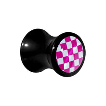 Load image into Gallery viewer, 0G Black Acrylic Pink and White Checkerboard Saddle Plug
