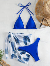 Load image into Gallery viewer, Feather Luxe 3-Piece Bikini Set – Exotic Feather Print Halter Neck Backless Swimsuit with High Cut Tie Back Bottoms and Wrap Cover-Up – Women’s High-Stretch Comfortable Swimwear for Summer Beach &amp; Pool Vacations
