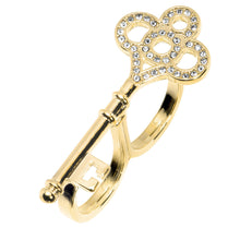 Load image into Gallery viewer, Gold Tone Crystalline Skeleton Key Double Finger Ring
