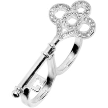 Load image into Gallery viewer, Silver Tone Crystalline Skeleton Key Double Finger Ring
