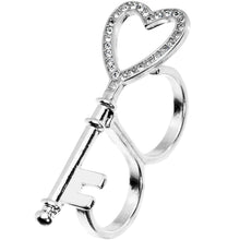 Load image into Gallery viewer, Silver Tone Crystalline Heart Shaped Skeleton Key Double Finger Ring

