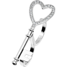 Load image into Gallery viewer, Silver Tone Crystalline Heart Shaped Skeleton Key Double Finger Ring
