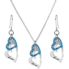 Load image into Gallery viewer, Blue Duo Floating Love Inscribed Heart Necklace and Earring Set
