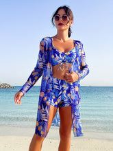 Load image into Gallery viewer, Luxe Lines 3-Piece Geometric Bikini Set for Women – High Rise Drawstring Bikini with Boxer Shorts &amp; Long Sleeve Sheer Kimono Cover-Up – Bold &amp; Breezy Women’s Swimwear for Summer Beach Pool &amp; Getaways
