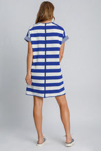 Load image into Gallery viewer, Peace Applique Striped Short Sleeve Mini Dress – Fun Peace Sign Detail, Striped Pattern, High-Low Design for a Trendy and Versatile Look
