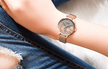 Load image into Gallery viewer, Womens Elegant Waterproof Clock With Decoupage Flower Details In Variant With Leather And Stainless Steel Knitted Belts
