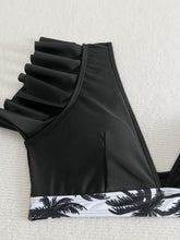 Load image into Gallery viewer, Bikini Black Solid Color Ruffle V Neck 2 Piece Swimsuit for Women – High Waisted Flattering Bikini Set with Lettuce Trim Bottoms – Sleek Stretchy Fabric Swimwear for Beach Days Poolside Style and Summer Vacation Looks
