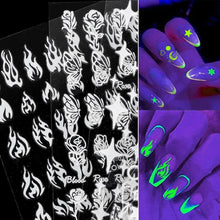 Load image into Gallery viewer, 3D Nail Polish Sticker Flame Butterfly Rose Star Nail Glitter Decals Water Transfer Summer Sliders Nail Art Decorations Glow in Dark Nail Stickers Self-Adhesive Nail Art Decals Butterfly Flower Star Heart Nail Strips Glow Dark Nail Art Manicure
