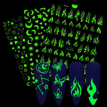Load image into Gallery viewer, 3D Nail Polish Sticker Flame Butterfly Rose Star Nail Glitter Decals Water Transfer Summer Sliders Nail Art Decorations Glow in Dark Nail Stickers Self-Adhesive Nail Art Decals Butterfly Flower Star Heart Nail Strips Glow Dark Nail Art Manicure
