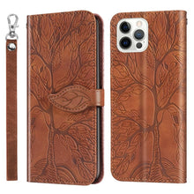 Load image into Gallery viewer, 3D Tree Flip Leather Case For iPhone 13 12 Mini Phone Cover PU Leather Wallet Case with Card Holder Kickstand Wrist Strap Flip Cover for iPhone
