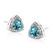 Load image into Gallery viewer, .925 Sterling Silver 6x6 mm Trillion Cut Blue Topaz Gemstone and Diamond Accent Stud Earring (I-J Color, I1-I2 Clarity)
