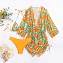 Load image into Gallery viewer, Island Bloom 3-Piece Bikini Set for Women – Tropical Leaf Print Fluttering Swimwear with Flattering Halter Neck Top High Waist Bottoms &amp; Adjustable Drawstring Cover Up – Perfect for Koningsdag Celebrations &amp; Summer Adventures
