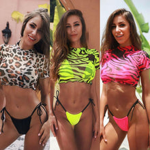 Load image into Gallery viewer, 3PCS Women's Leopard Bikini Swimwear Swimsuit Bathing Beach Holiday Short Sleeve Leopard Print 3 Piece Short Sleeve Bikini Set Swimsuit Micro Triangle Bathing suit
