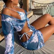 Load image into Gallery viewer, 4 Piece Tie Dye Bikini Ladies Split Swimsuit Swimwear Tie Dye Bikini Set Triangle String Bikini Bathing Suit High Cut Four Piece Swimsuit Curtain String Bikini Women Mesh Push Up Bikini
