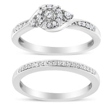 Load image into Gallery viewer, .925 Sterling Silver 1/4 Cttw Diamond Halo and Swirl Engagement Ring and Wedding Band Set (I-J Color, I3 Clarity)- Ring Size 7

