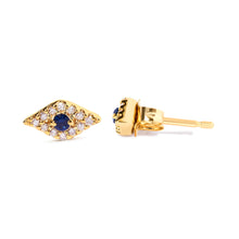 Load image into Gallery viewer, 10K Yellow Gold Blue Sapphire and Diamond Accent Evil Eye Stud Earring (H-I Color, I1-I2 Clarity)
