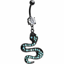 Load image into Gallery viewer, Black Aqua Gem Paved Snake Dangle Belly Ring
