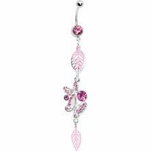 Load image into Gallery viewer, Pink Gem Dual Butterfly Falling Leaf Belly Ring
