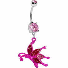 Load image into Gallery viewer, Glittery Pink Butterfly Dangle Belly Ring
