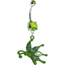 Load image into Gallery viewer, Glittery Green Butterfly Dangle Belly Ring
