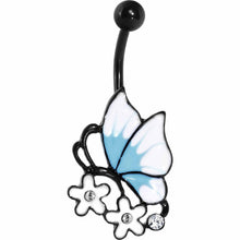 Load image into Gallery viewer, Clear Gem Black Blue Burst White Butterfly Flower Belly Ring
