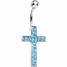 Load image into Gallery viewer, Aqua Gem Paved Perfect Cross Belly Ring
