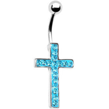 Load image into Gallery viewer, Aqua Gem Paved Perfect Cross Belly Ring
