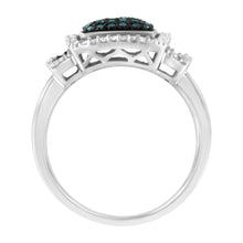 Load image into Gallery viewer, Black Rhodium Plated .925 Sterling Silver 1/2 Cttw White &amp; Blue Diamond Square Halo Cocktail Ring (Fancy Blue &amp; H-I Color, I2-I3 Clarity) - SIze 6
