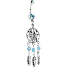 Load image into Gallery viewer, Aqua Gem Tri Feather Star Weave Dreamcatcher Belly Ring
