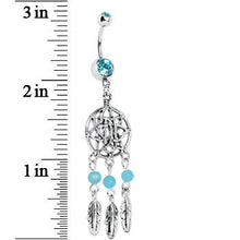 Load image into Gallery viewer, Aqua Gem Tri Feather Star Weave Dreamcatcher Belly Ring
