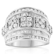Load image into Gallery viewer, .925 Sterling Silver 2.0 Cttw Round &amp; Baguette Cut Diamond Multi-Row Channel Set Tapered Cocktail Fashion Ring (I-J Color, I3 Clarity) - Size 7
