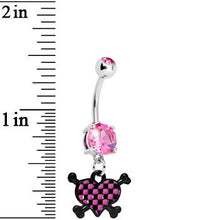 Load image into Gallery viewer, Pink Gem Crossbones Checkerboard Heart Belly Ring
