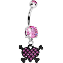 Load image into Gallery viewer, Pink Gem Crossbones Checkerboard Heart Belly Ring
