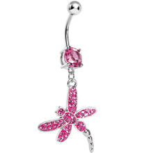 Load image into Gallery viewer, Pink Gem Paved Dragonfly Dangle Belly Ring
