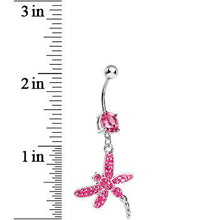 Load image into Gallery viewer, Pink Gem Paved Dragonfly Dangle Belly Ring
