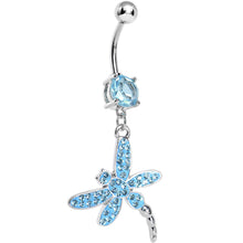 Load image into Gallery viewer, Aqua Gem Paved Dragonfly Dangle Belly Ring
