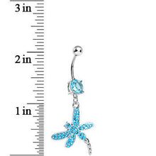 Load image into Gallery viewer, Aqua Gem Paved Dragonfly Dangle Belly Ring
