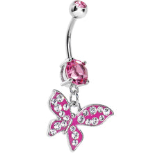 Load image into Gallery viewer, Pink Gem Paved Flyaway Butterfly Belly Ring
